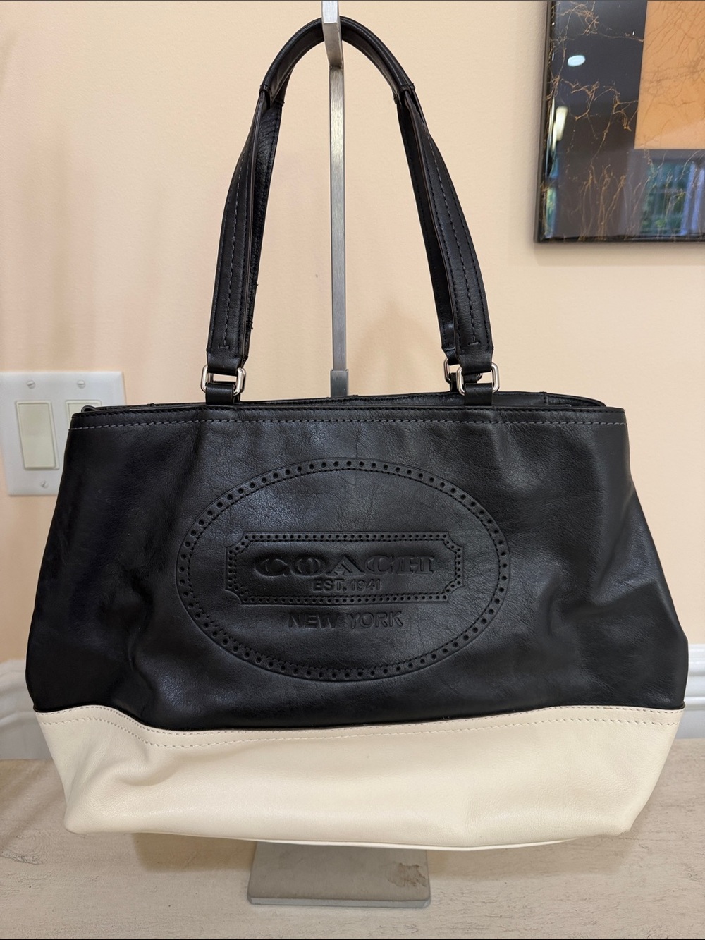 Coach Two-Tone Black and Cream Leather Shoulder Bag